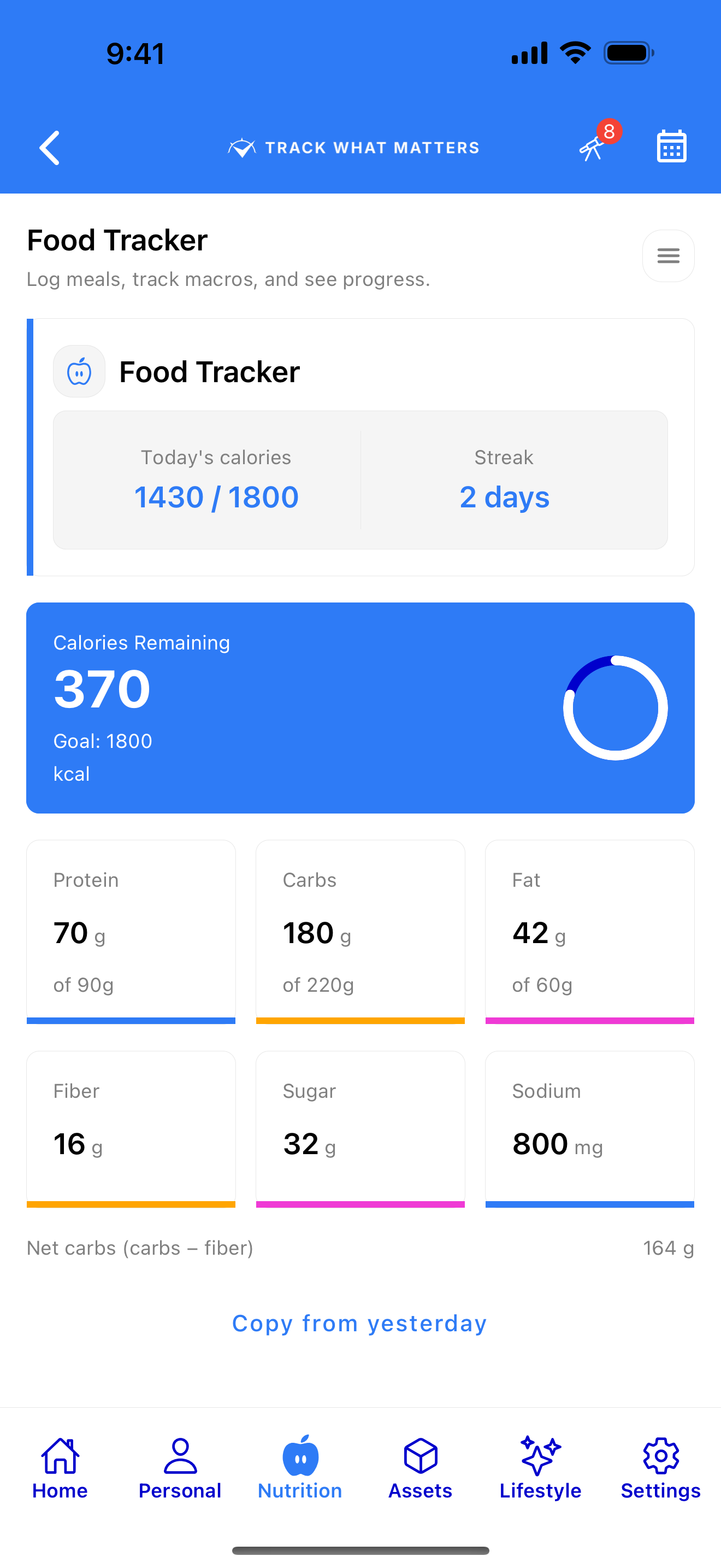 Today's meals and nutrition