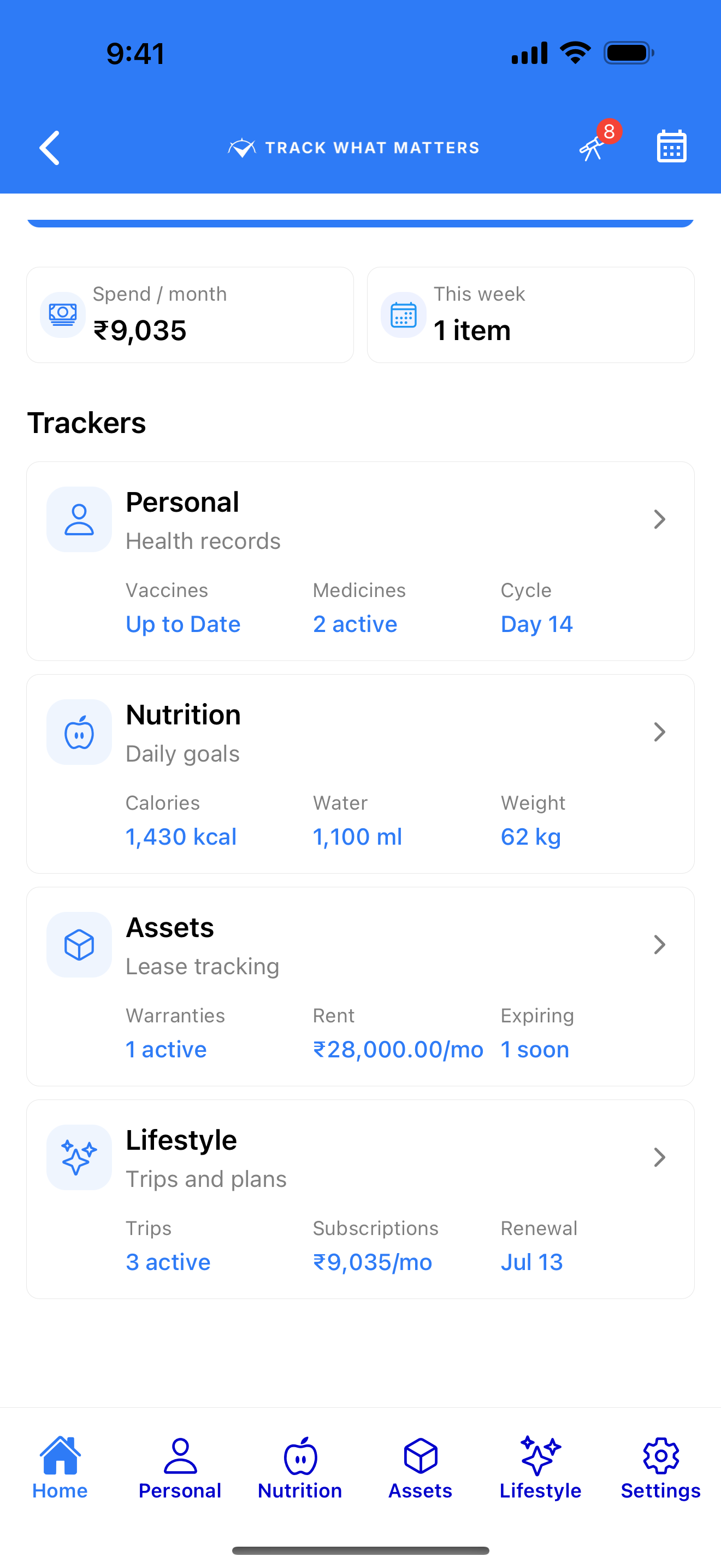 Every tracker at a glance — Personal, Nutrition, Assets, Lifestyle