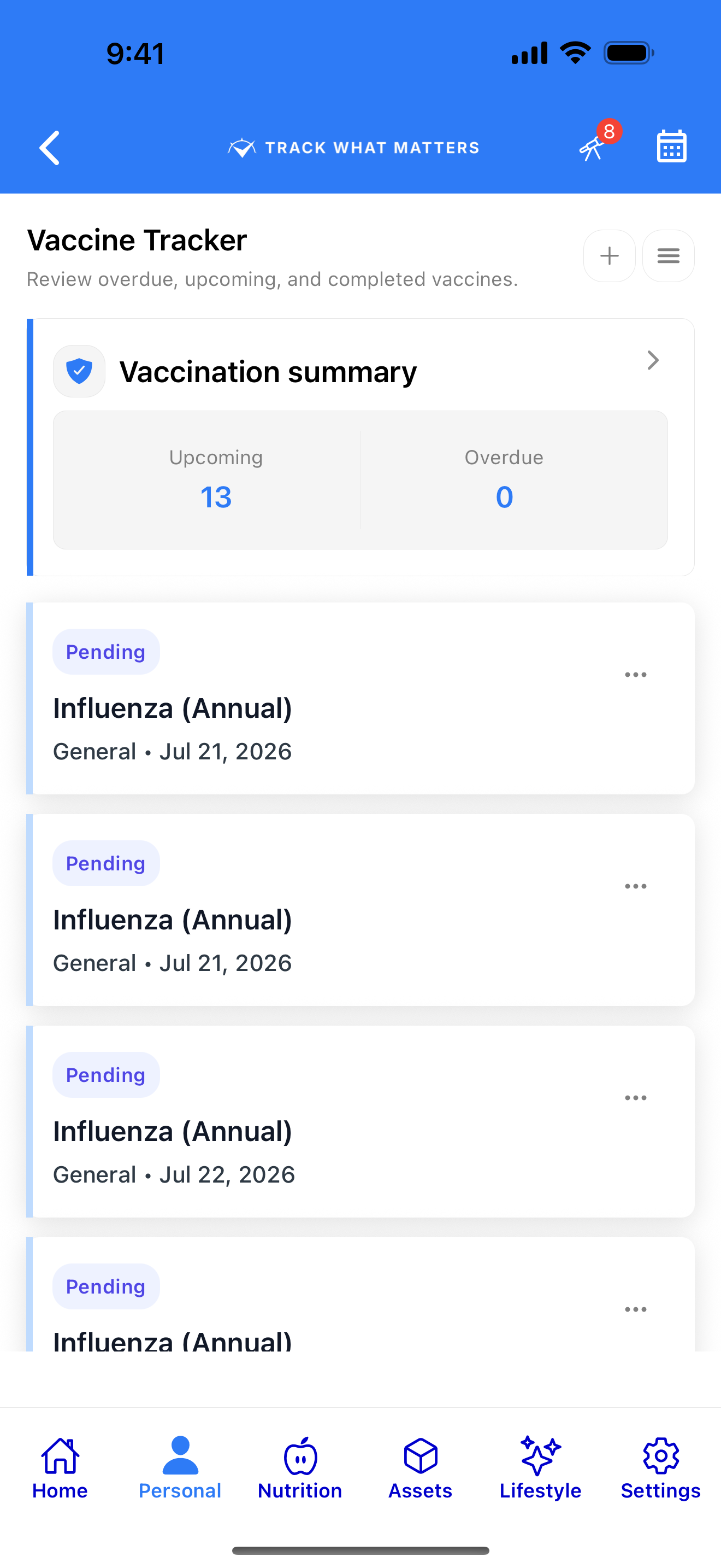 Vaccination schedule and upcoming doses